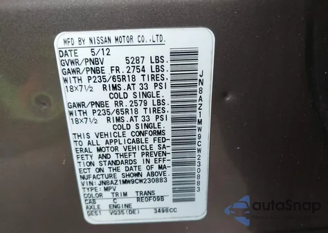 2012 Nissan Murano Sl from USA, damaged, VIN JN8AZ1MW9CW230883